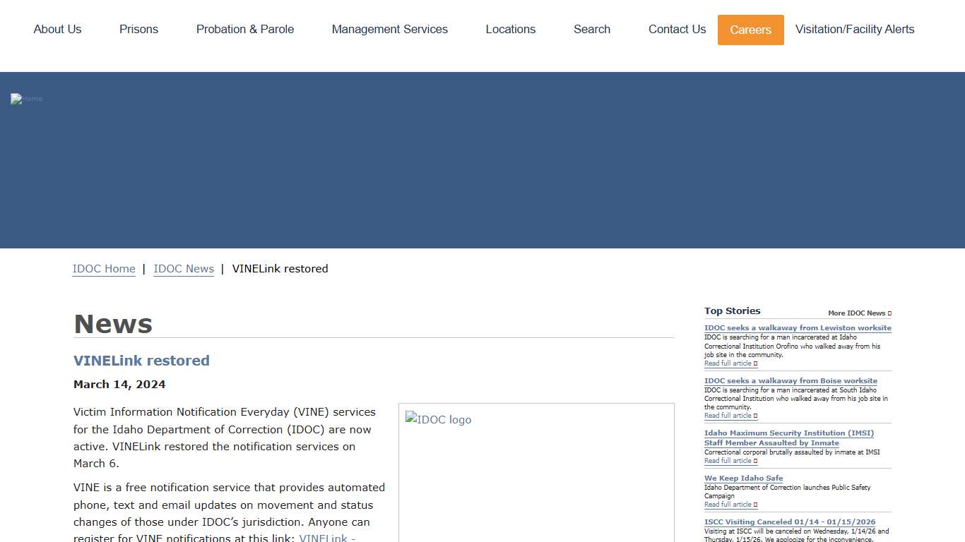VINELink restored Idaho Department of Correction